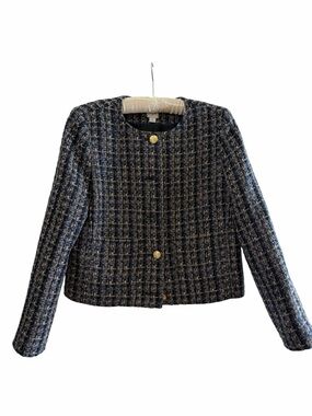 J. Crew Factory Navy Tweed Cropped Boxy Jacket with Gold Buttons